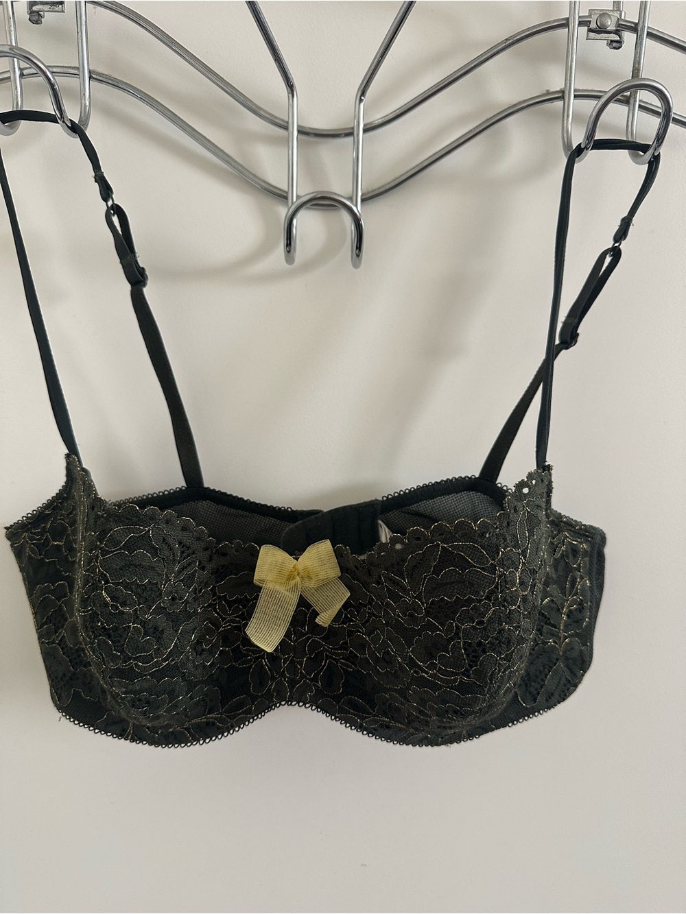 Black Lace Balconette Bra with Gold Accent Bow